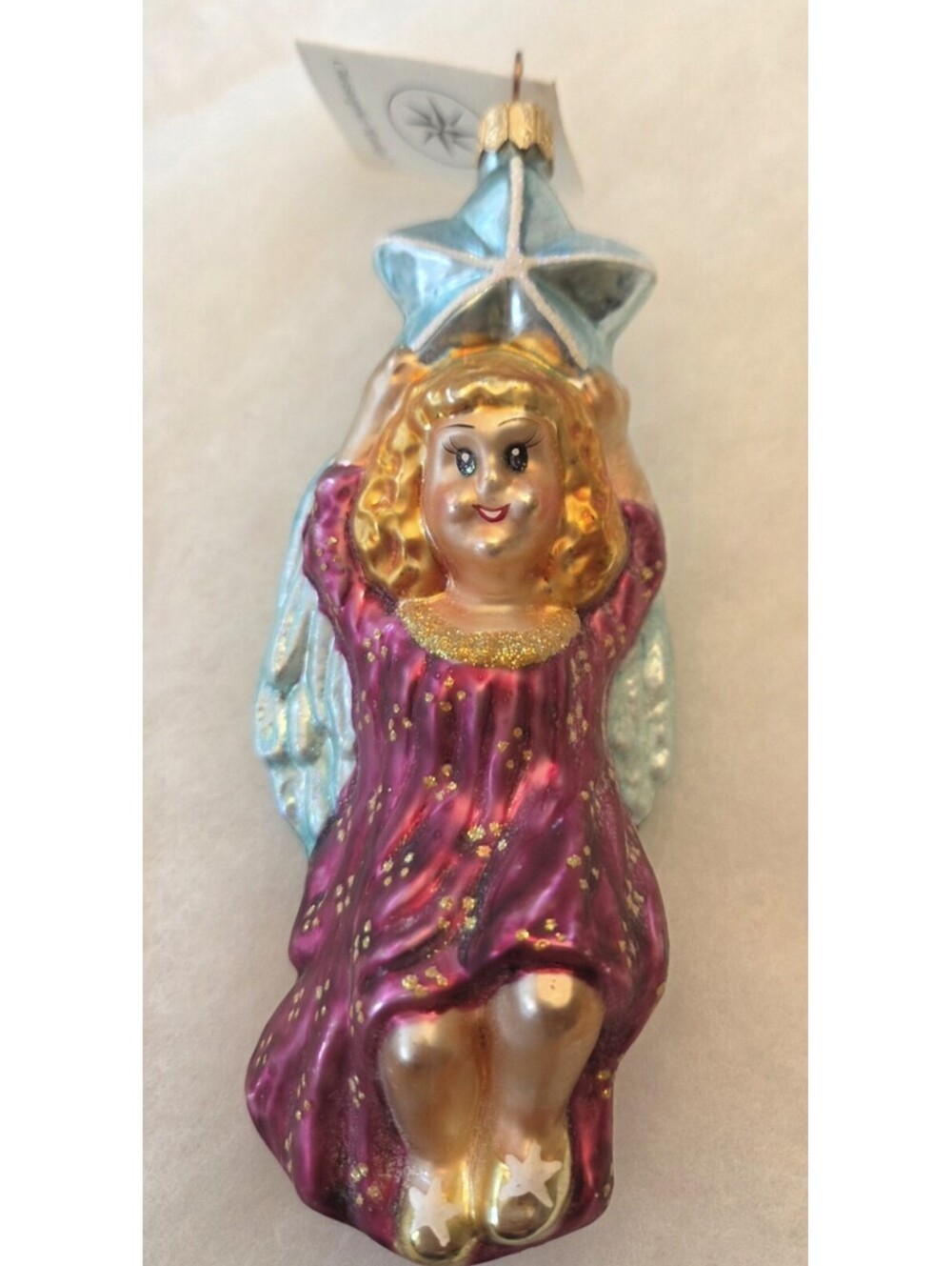 1996 Christopher Radko Catch A Falling Star Ornament Glass Angel 6”, Mint